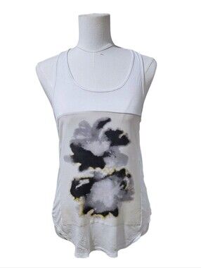 Allsaints Aura White Tank Top Racer back  with Abstract Black & Gray Print Small